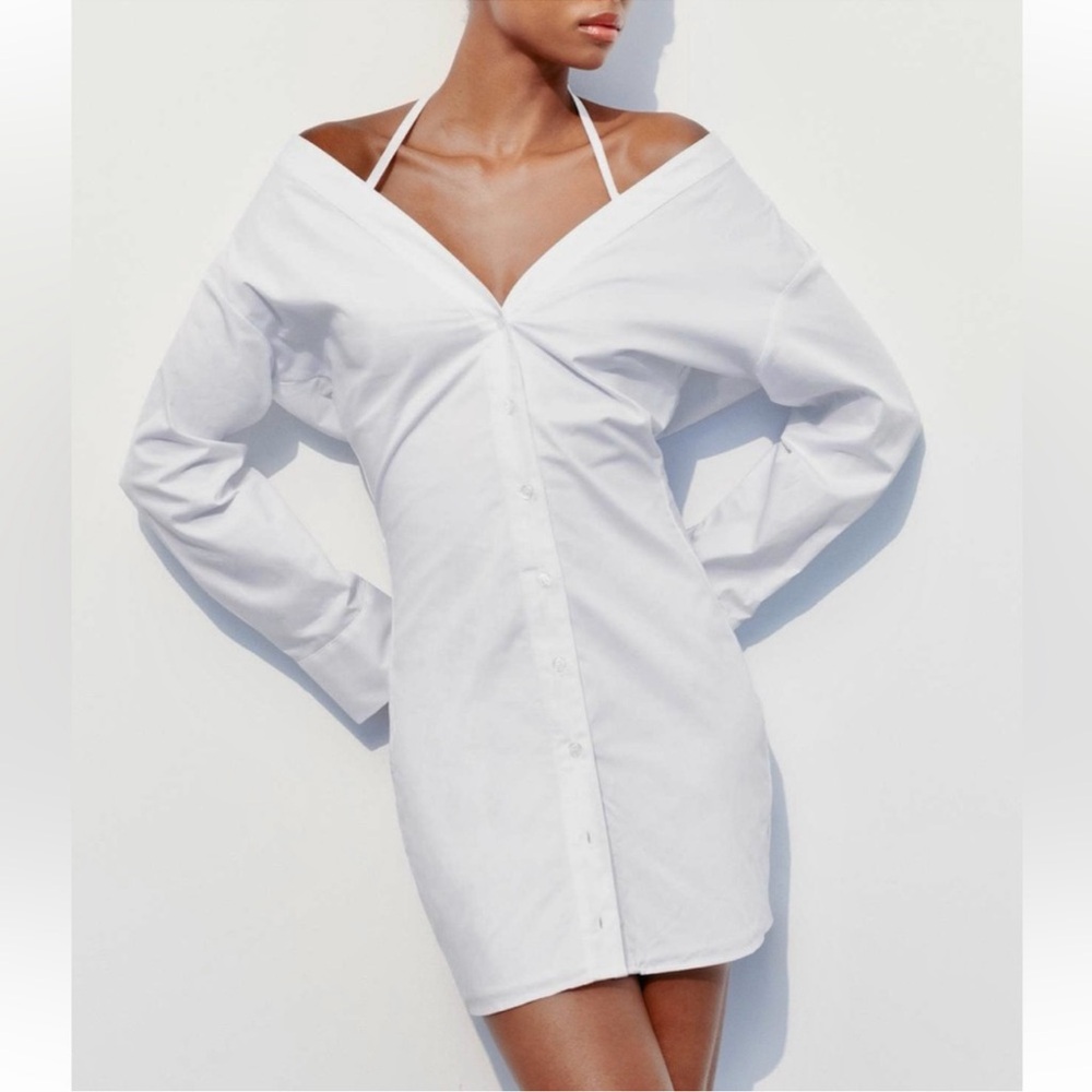 Zara Elegant White Off-Shoulder Shirt Dress NWT